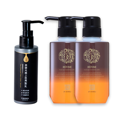 【安心白髮上色】日本Refine健康半永久髮色劑 2瓶+茶碳光感上色亮髮乳1瓶 組合